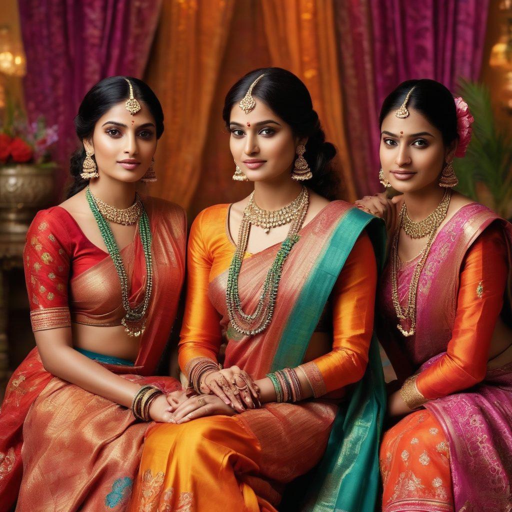 Create an elegant scene showcasing a diverse group of Indian women adorned in traditional and contemporary outfits, highlighting vibrant fabrics and intricate accessories. They should be engaged in activities like applying makeup or styling hair, surrounded by elements representing beauty products and fashion trends. Incorporate soft, warm lighting to enhance the glamour. Include floral patterns and colorful textiles in the background for a festive feel. super-realistic. vibrant colors. 3D.