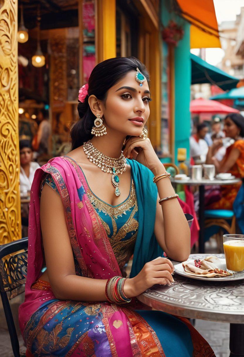 A glamorous Indian woman with an elegant outfit and statement jewelry sits at a chic café, surrounded by a lively fashion crowd. Brightly colored textiles and trendy accessories fill the scene, with vibrant street art and bustling markets in the background. The atmosphere is lively and chic, reflecting the essence of Indian fashion and lifestyle trends. super-realistic. vibrant colors. 3D.