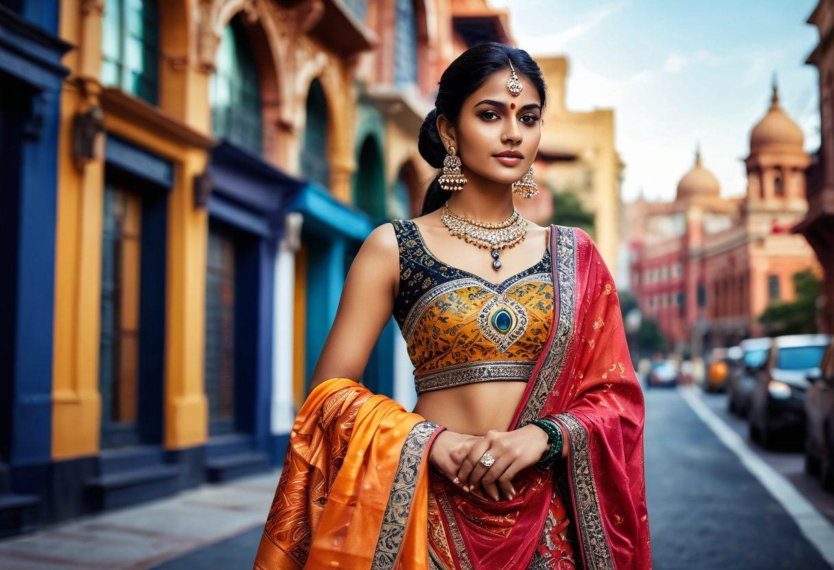 A confident Indian woman in a modern chic outfit, elegantly blending traditional patterns with contemporary fashion, standing in a vibrant cityscape. Include elements of Indian cultural heritage, such as intricate jewelry and fabric designs, juxtaposed with modern architectural features. Bright colors and dynamic lighting should enhance the scene, emphasizing empowerment and cultural pride. super-realistic. vibrant colors. urban background.